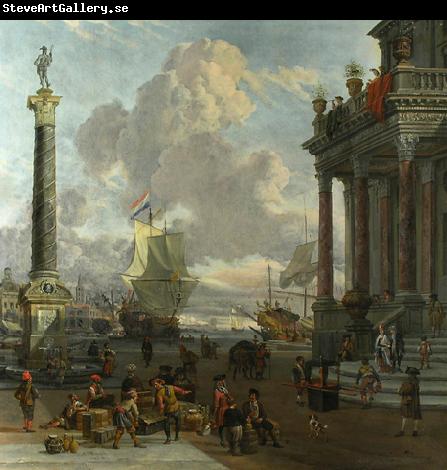 Abraham Storck Southern harbour scene with merchants